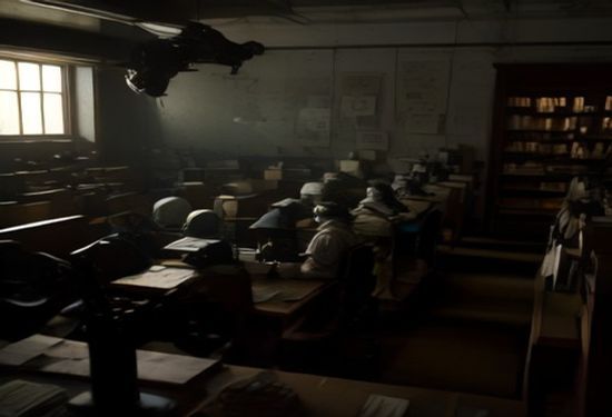 A chaotic publishing house office with manuscripts flying, human editors and robot arms competing at desks, dramatic lighting