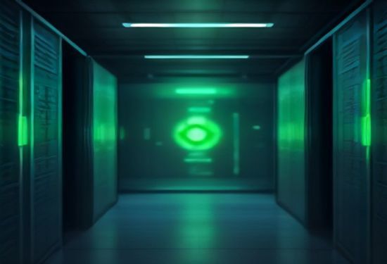 A modern enterprise server room with a glowing green digital shield icon and a chain link icon, photorealistic, high detail, shallow depth of field