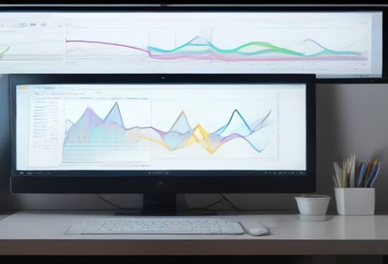 A modern workspace with a widescreen monitor displaying an interactive digital canvas with floating colorful charts and graphs, viewed from a clean desk