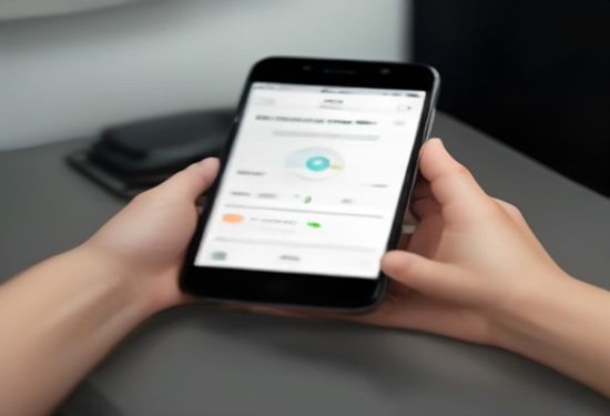 A person wearing a sleek wristband glucose monitor while viewing a smartphone app showing a health dashboard, realistic photo, bright modern kitchen background