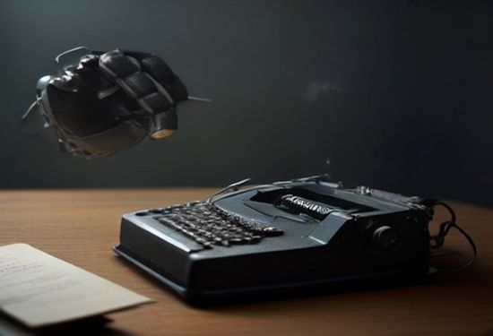 A photo-realistic image of a vintage typewriter with a human hand partially replaced by a robotic metal hand, papers scattered on a desk, dramatic lighting