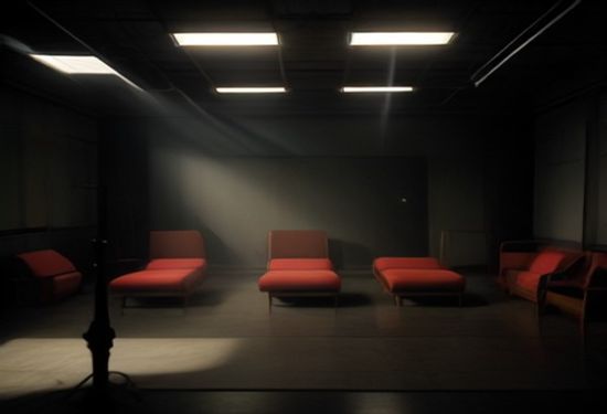 A photorealistic 1990s film set with a director's chair and two empty seats, dramatic lighting, retro cameras, no text