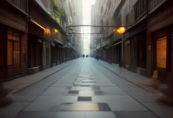 A photorealistic chessboard with two distinct paths leading to a gold coin, one path paved with consumer gadgets, the other with corporate offices