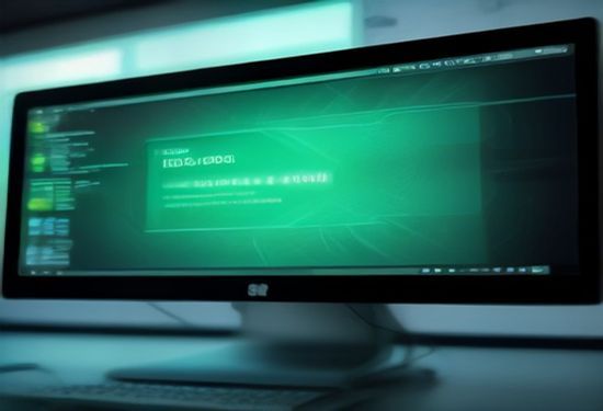 A photorealistic close-up of a computer screen displaying flowing green digital code, with a subtle watermark pattern overlaid on the text, in a high-tech security lab environment