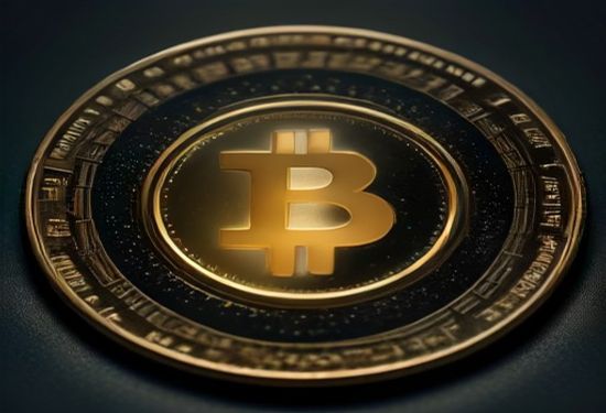 A photorealistic close-up of a glowing digital Bitcoin coin on a dark reflective surface, with a subtle holographic chart line descending in the background, dramatic lighting, no text.
