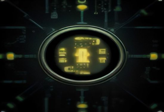 A photorealistic close-up of a glowing digital circuit board with a small padlock icon embedded in the center, surrounded by tiny coins, dark server room background