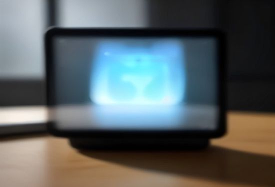 A photorealistic close-up of a modern smartphone on a desk, its screen glowing with a holographic AI interface, with a blurred Apple logo phone in the background.