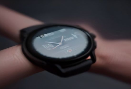 A photorealistic close-up of a person's wrist wearing a Samsung Galaxy Watch displaying a heart rate graph, with a softly blurred medical background, cinematic lighting