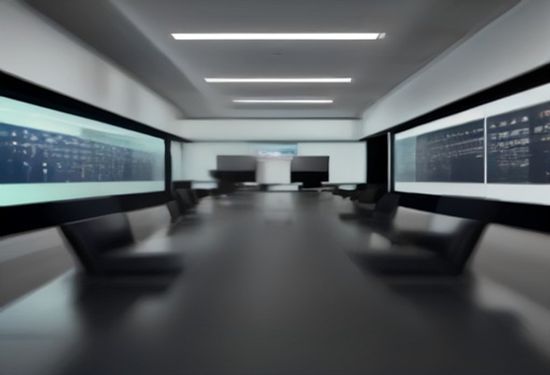 A photorealistic Corporate boardroom with a diverse team of business executives in suits, reviewing charts on a digital display, serious and concerned expressions, professional and modern office setting