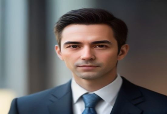 A photorealistic corporate headshot portrait of a professional man in his 40s wearing a suit, standing in a modern glass office with soft city bokeh background.