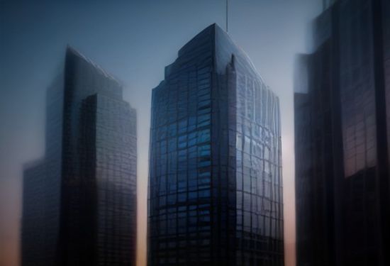 A photorealistic depiction of a modern glass office tower at sunrise, with a subtle digital data stream glowing on the facade, no text visible in image.