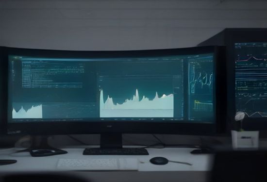A photorealistic digital trading desk with multiple computer monitors displaying Bitcoin candlestick charts and AI neural network visualizations in a modern office