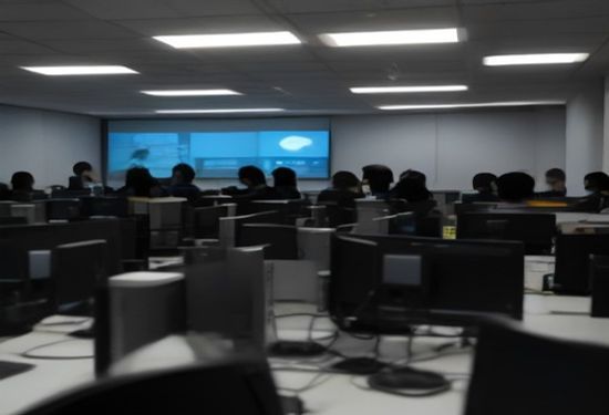 A photorealistic image of a diverse group of college students collaborating in a modern university computer lab with advanced quantum computing equipment