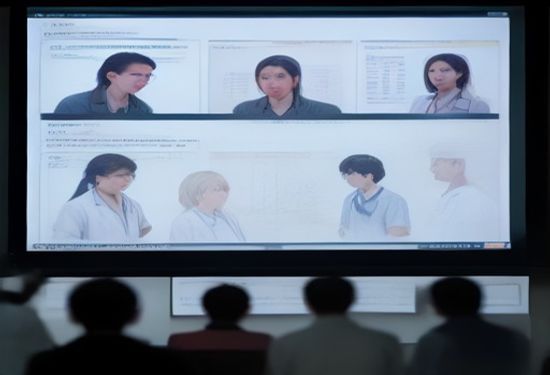 A photorealistic image of a diverse team of doctors reviewing patient charts on a large digital screen displaying intuitive AI analytics dashboards in a modern hospital command center