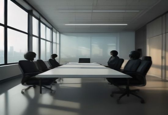 A photorealistic image of a diverse team of office workers collaborating with a sleek humanoid robot at a modern glass conference table, natural daylight streaming through windows, no text