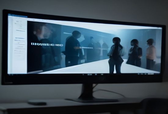 A photorealistic image of a diverse team of software developers collaborating in a modern office, looking at a large screen with streaming code and holographic AI suggestions, no text