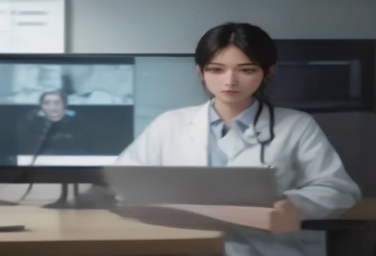 A photorealistic image of a doctor using a laptop with a video call interface focused on a patient on screen, inside a modern, bright medical office.
