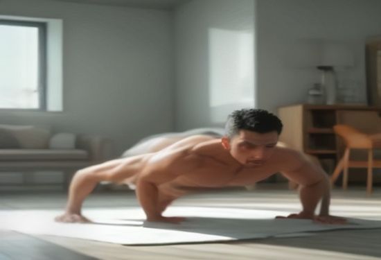 A photorealistic image of a fit man performing a push-up in a bright, modern living room, with a towel and water bottle nearby.