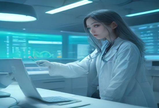 A photorealistic image of a futuristic medical laboratory where a scientist in white coat analyzes a urine sample vial next to a high-tech computer displaying complex molecular data visualization, clean bright environment