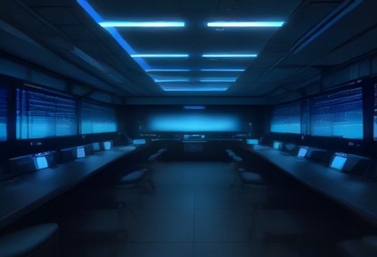 a photorealistic image of a futuristic server room with a single glowing monitor displaying complex code, symbolizing an advanced AI system becoming independent