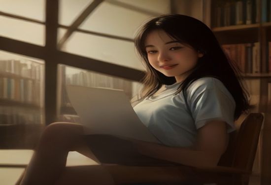 A photorealistic image of a happy teenage student using a laptop in a bright library, with a glowing chat interface on the screen