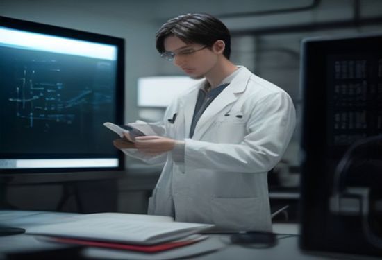A photorealistic image of a male engineer in a lab coat reviewing a complex 3D airbag simulation on a large monitor, nearby an AI server rack, his hand on a physical approval stamp.