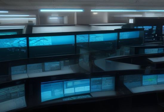 A photorealistic image of a modern California state government operations center with a large digital wall map showing network connections and glowing threat detection points