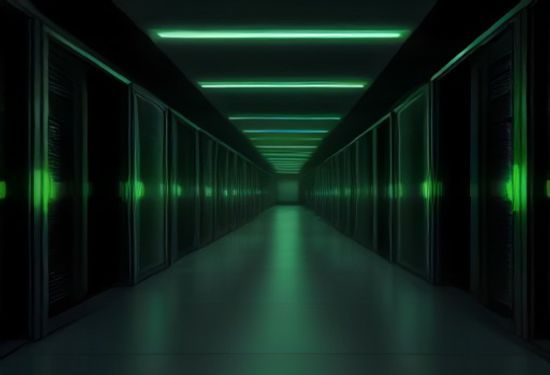 A photorealistic image of a modern data center filled with rows of sleek, black server racks with glowing green LED lights, no people, no text