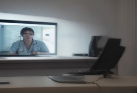A photorealistic image of a modern doctor's office with a laptop screen showing a video call interface where a friendly AI doctor avatar is visible, next to a human patient on the other side, soft lighting, high detail.
