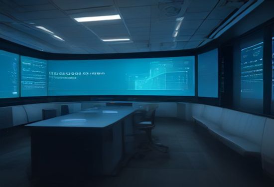 A photorealistic image of a modern server room with a glowing digital interface showing security scopes and cost metrics on a large screen