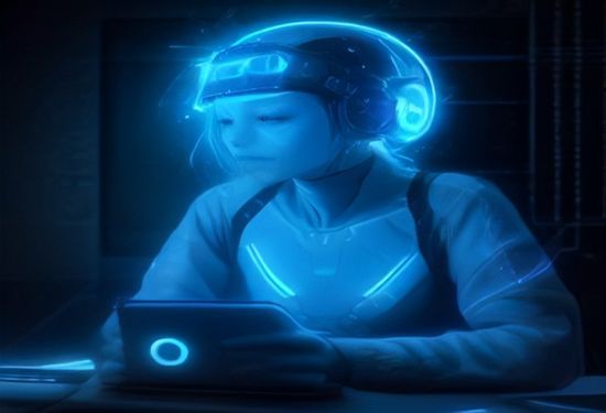 A photorealistic image of a person wearing a futuristic EEG cap with sensors, sitting calmly while a computer screen displays text forming from abstract glowing brain wave patterns.