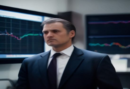 A photorealistic image of a serious middle-aged man in a suit looking at a large digital stock market screen with a red downward trend arrow in a modern office