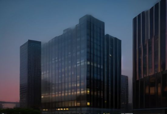 A photorealistic image of a sleek, modern glass office building at sunset, with a large illuminated sign reading 'Manus', symbolizing a tech startup's independent future.