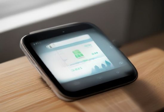 A photorealistic image of a sleek, modern smartwatch displaying a glucose graph interface, resting on a kitchen counter next to a healthy salad bowl and a smartphone showing a health app, bright natural lighting