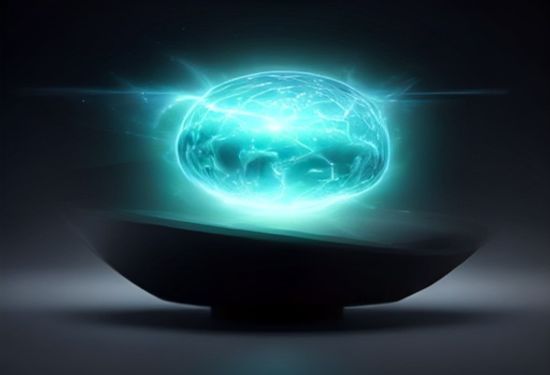 A photorealistic image of a sleek satellite dish pointed at a glowing digital brain, with financial stock charts subtly reflected in the metal surface