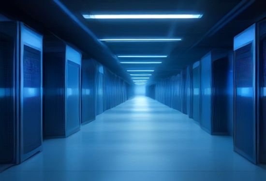 A photorealistic image of a sleek, silver server rack with glowing blue lights in a modern data center, with a blurred fast-moving light trail passing by, conveying speed and digital processing power