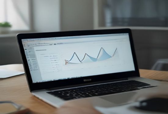 A photorealistic image of a small independent newsroom desk with a laptop showing charts and graphs of web traffic increasing, warm natural light, no text
