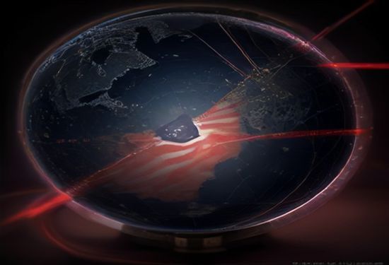 A photorealistic image of a split globe, one half featuring the American flag circuit board and the other half a Chinese flag circuit board, connected by severed fiber optic cables in a dark server room.