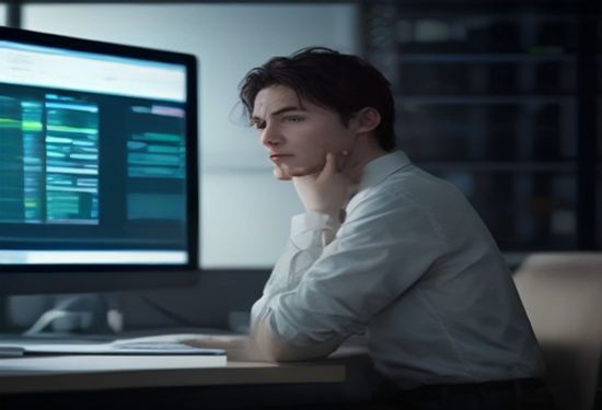 A photorealistic image of a stressed bond trader looking at two screens displaying red charts and data center server icons in the background.
