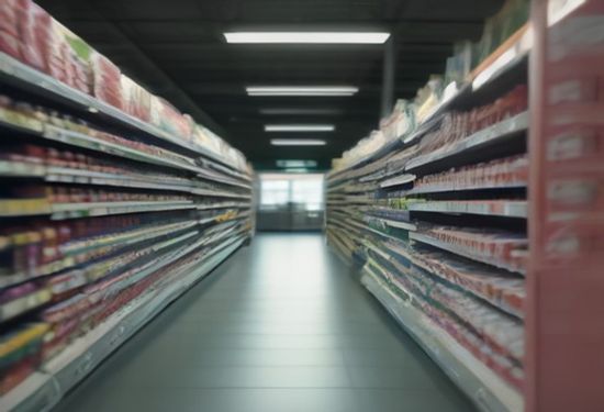 A photorealistic image of a supermarket aisle with a focus on a shelf full of Colgate toothpaste tubes, with a subtle glowing financial stock chart overlay in the background, realistic lighting