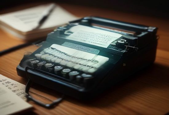 A photorealistic image of a typewriter with glowing digital code flowing from its keys onto a manuscript paper on a wooden desk