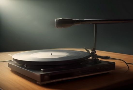 A photorealistic image of a vintage vinyl record player on a stage with a robot arm holding a microphone, dramatic spotlights, no text.