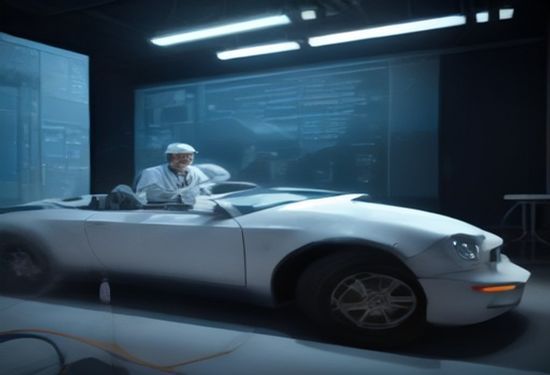 A photorealistic image of a white male engineer in a lab coat and hard hat reviewing a holographic 3D car crash simulation on a transparent screen in a modern industrial design studio