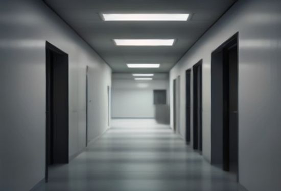 A photorealistic image of an empty modern office corridor in a tech startup, with a single moving box on a desk and a framed company logo on the wall, conveying departure and uncertainty.