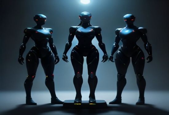 A photorealistic image of three distinct advanced humanoid robots standing on a futuristic platform, each with a unique glowing core, facing a large digital leaderboard, dramatic lighting, clear details