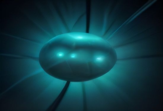 A photorealistic macro photograph of a glowing blue bacteriophage virus attacking a rod-shaped green E. coli bacterium on a dark metallic surface