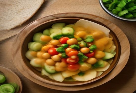 A photorealistic overhead shot of a rustic wooden table with a bowl of chickpeas, fresh tomatoes, cucumber, herbs, olive oil, and pita bread, natural light