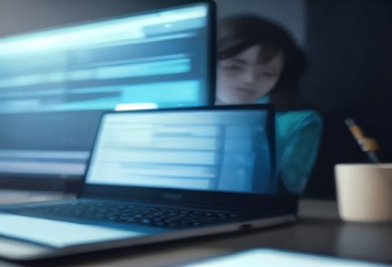 A photorealistic photo of a focused freelance designer working on a laptop in a bright modern studio, with a blurred holographic interface showing automated workflow charts in the background