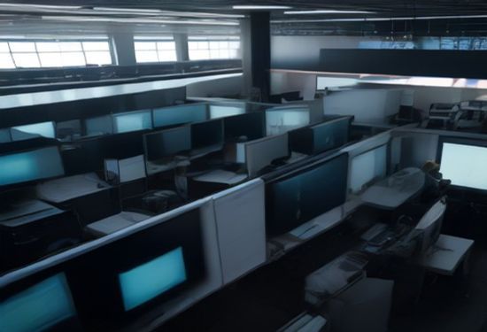 A photorealistic photo of a modern, bustling open-plan tech office with diverse employees working at desks with multiple monitors displaying code and data charts, viewed from a slightly elevated angle