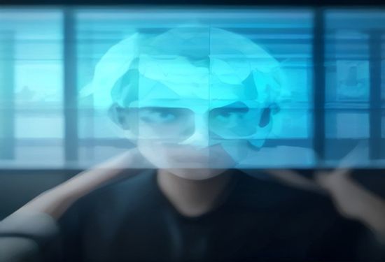 A photorealistic photo of a modern executive in a glass office viewing a large, clear holographic financial dashboard with real-time analytics and charts floating in the air.